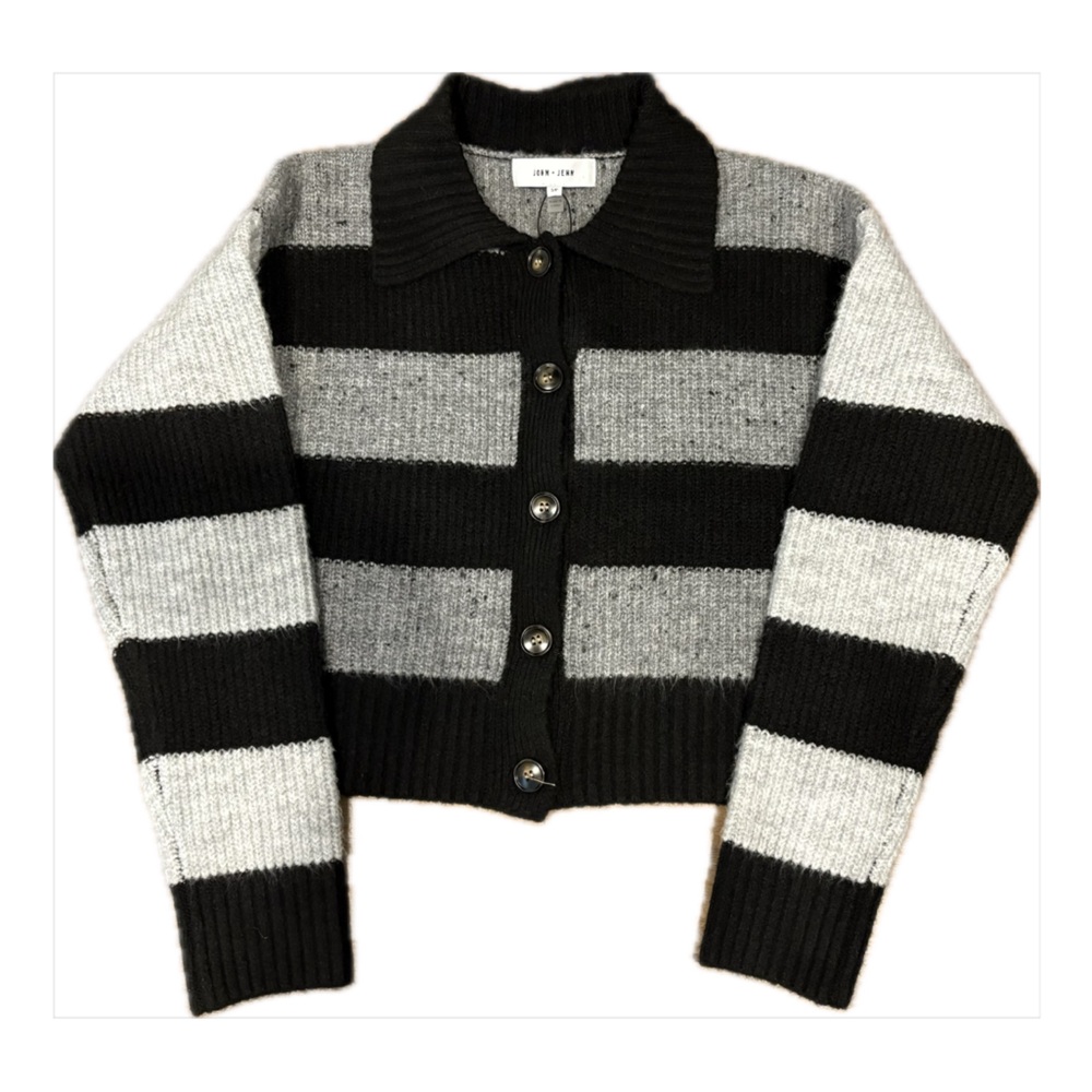 🇨🇦 John + Jenn Striped Collared Cardigan Sweater Small NWT Grey Black
